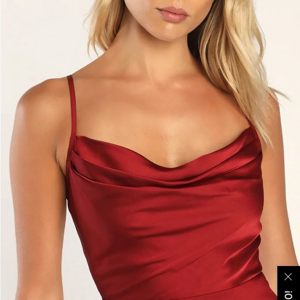 Lulus Fanciful Flirt Burgundy Satin Cowl Neck Skater Mini Dress Size Small - Picture 3 of 16